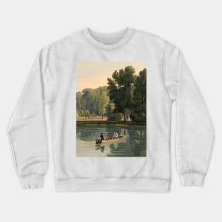 Men fishing in a lake with boat and dog Crewneck Sweatshirt